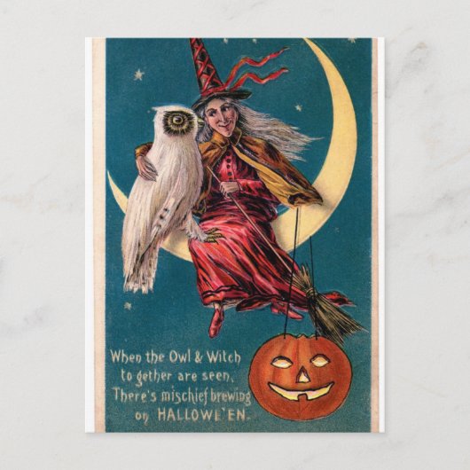 Original Vintage Halloween-Karte mit Hexe! Postkarte (Vorderseite)