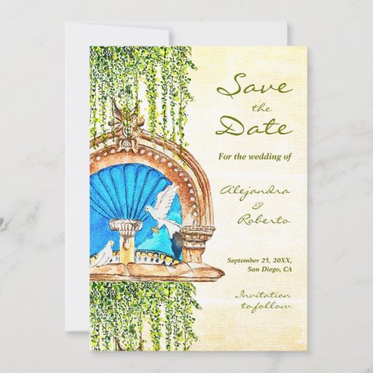 Original Wasserfarbe Altes Mexiko Brunnen Hochzeit Save The Date (Vorderseite)