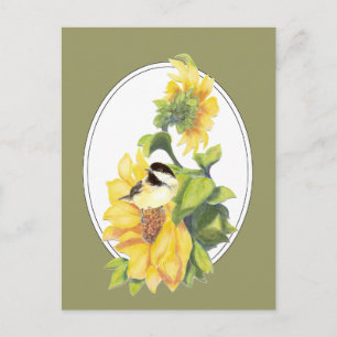 Original Wasserfarben-Chickade und Sonnenblume Postkarte
