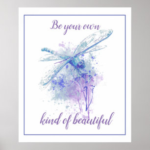 Original Wasserfarben-Libelle in Blau-Mauve-Zitat Poster