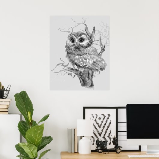 Original Watercolor Baby Owl Bird Art Poster (Heimbüro)