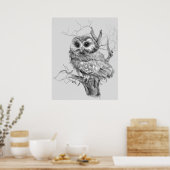 Original Watercolor Baby Owl Bird Art Poster (Küche)