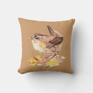 Original Watercolor Bird Niedlich House Wren Kissen