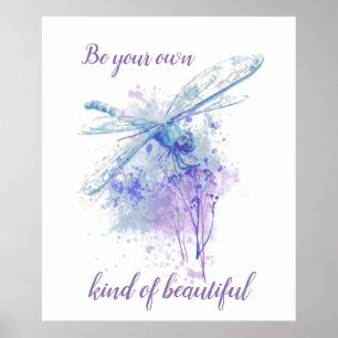 Original Watercolor Dragonfly in Blue Mauve Quote Poster