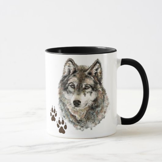 Original Watercolor Grau Wolf - Tracks Animal Tasse (Rechts)