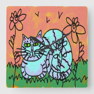 Originelle Abstrakte Chat-Kunst Quadratische Wanduhr