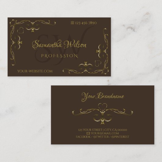 Originelle Dark Brown Gold Verziert Corners Initia Visitenkarte (Vorne/Hinten)