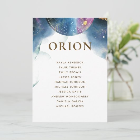 Orion Celestial Seating Plan Card mit Gästennamen (Stehend Vorderseite)