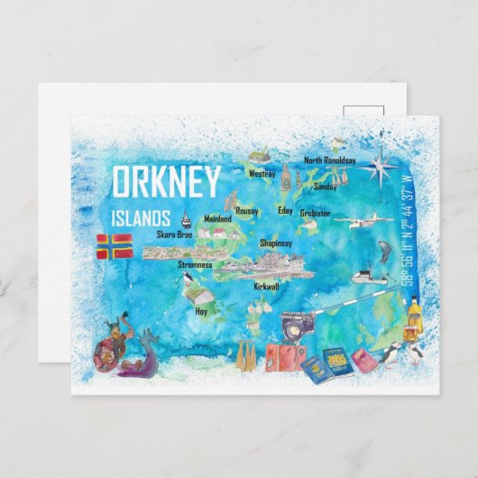 Orkney Islands Illustrierte Reisekarte Postkarte (Vorne/Hinten)