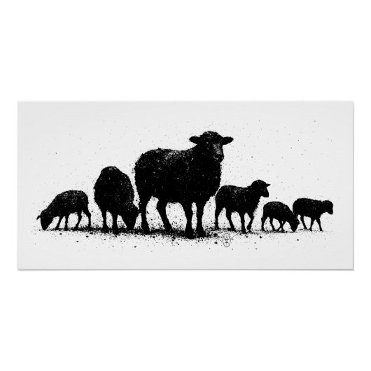 Orkney-Schafe — Tinten-Silhouette-Herde Poster (Vorderseite)
