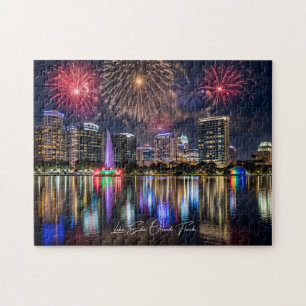 Orlando Florida Skyline mit Lake Eola Feuerwerk Puzzle