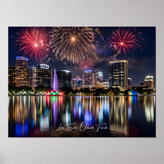 Orlando Florida Skyline with Lake Eola Fireworks Poster (Vorne)