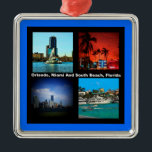 Orlando, Miami, South Beach Collage Ornament Aus Metall<br><div class="desc">Orlando Miami South Beach Collage, wenn die berühmtesten Reiseziele von Florida. Ein großer Teil des Staat von Florida liegt auf einer Halbinsel zwischen dem Golf von Mexiko, dem Atlantischen Ozean und der Straße von Florida. Florida hat die längste Küstenlinie in den benachbarten Vereinigten Staaten mit einer Länge von etwa 1.350...</div>