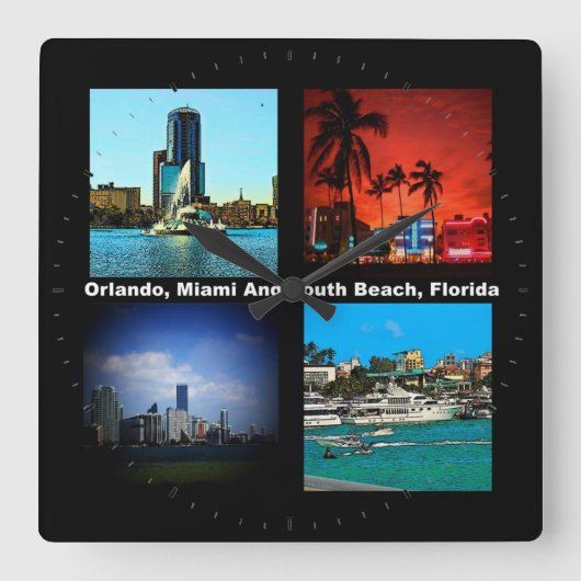 Orlando, Miami, South Beach Collage Quadratische Wanduhr (Vorderseite)