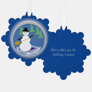 Ornament Card - Working Snowman on Dark Blue Karte
