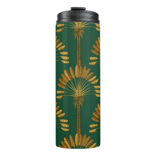 Ornament der goldenen Palmen auf einem grünen Hint Thermosbecher