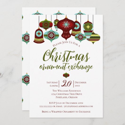 Ornament Exchange Party Retro Weihnachtsbaum Einladung (Vorne/Hinten)