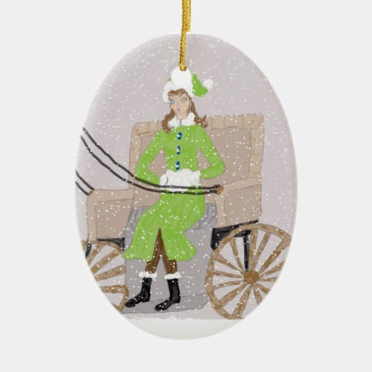 Ornament, Lady in einer Buggy im Schnee Keramikornament (Vorne)