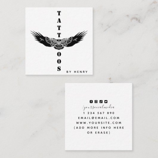 Ornamental Adler Bird Tattoo Artist Minimalistisch Quadratische Visitenkarte (Vorne/Hinten)