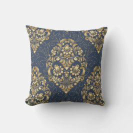 Ornamental Damask Golden Blue Floral Kissen