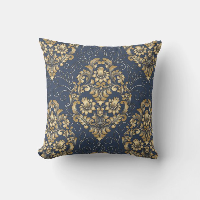 Ornamental Damask Golden Blue Floral Kissen (Vorderseite)