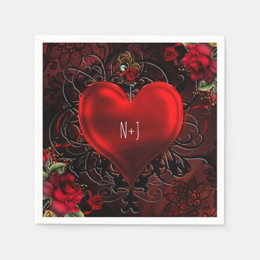 Ornamental Elegant Blumenherz Schwarzes & Rotes Pa Serviette (Vorderseite)