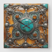 Ornamental Fire Jewel with Verdigris & Silver Lace Quadratische Wanduhr (Vorderseite)