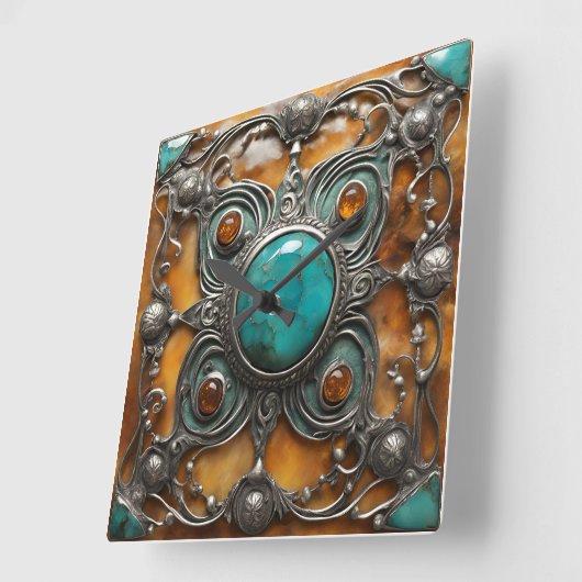 Ornamental Fire Jewel with Verdigris & Silver Lace Quadratische Wanduhr (Winkel)