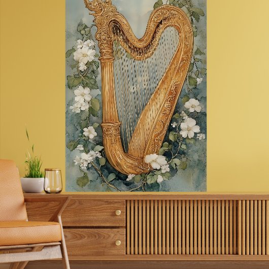 ornamental harp surrounded by white flowers poster (Wohnzimmer 2)