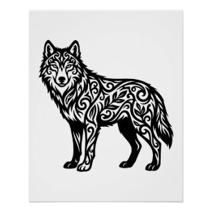 Ornamentaler Stammeswolf mit dekorativen Schwüngen Poster