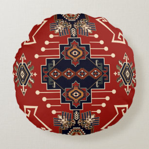 Ornamentaler Teppichentwurf: Vintage-Geometrie. Rundes Kissen