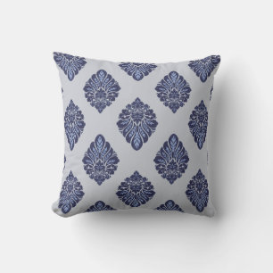 Ornamentales Damast Grau Blaues Blumenmuster Kissen