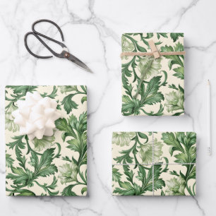 Ornamentales dunkelgrünes Akanthusblätter-Muster Geschenkpapier Set