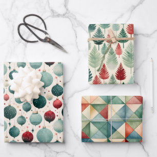 Ornamente, Kiefernbäume Weihnachtsmuster Aquarell Geschenkpapier Set
