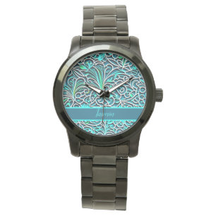 Ornamente Muster 3D Optik blau, türkise, grün Armbanduhr