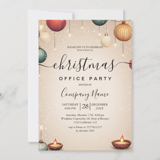 Ornamente und Kerzen Beige Weihnachtsbüros Party Einladung (Vorderseite)