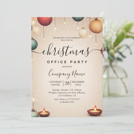 Ornamente und Kerzen Beige Weihnachtsbüros Party Einladung (Stehend Vorderseite)