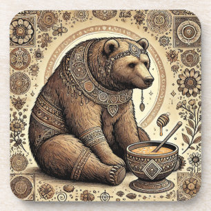 Ornamentierter Bär, umgeben von Mandala und Honig  Getränkeuntersetzer
