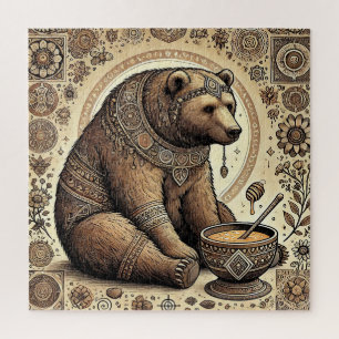 Ornamentierter Bär, umgeben von Mandala und Honig Puzzle