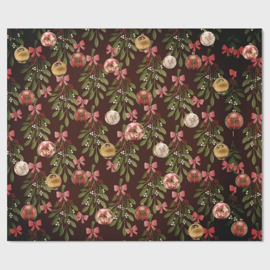Ornaments Brown Red Bow Mistletoe Holly Geschenkpapier (Flach)