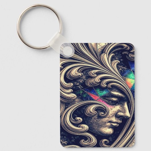 Ornate Abstract Face with Flowing Baroque Keychain Schlüsselanhänger (Vorderseite)