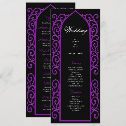 Ornate black and purple Gothic Wedding Program Menükarte (Vorne/Hinten)