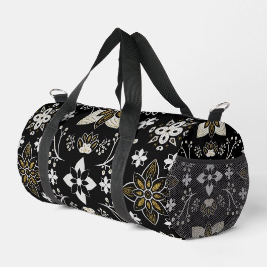 Ornate black and white floral pattern  duffle bag (Rechte Ecke)