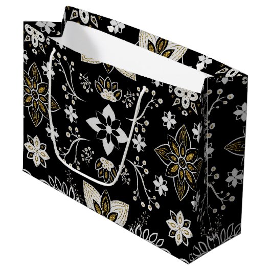 Ornate black and white floral pattern  große geschenktüte (Vorderseite Schrägansicht)