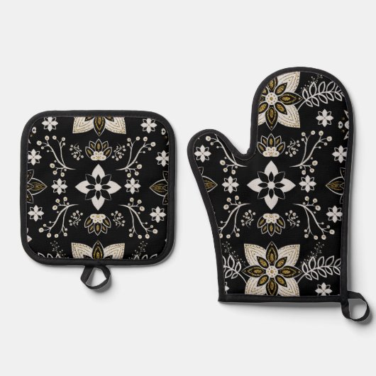Ornate black and white floral pattern  ofenhandschuh & Topflappen-Set (Vorderseite)