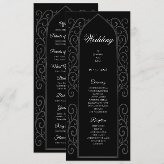 Ornate black and white Gothic Wedding Program Menükarte (Vorne/Hinten)