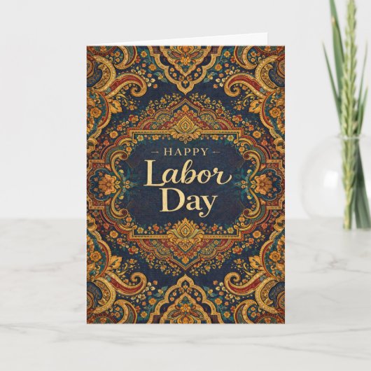 Ornate Blue Gold Scrollwork Happy Labor Day Karte (Vorderseite)
