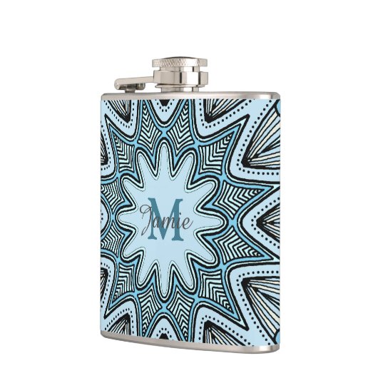 Ornate Blue Monogram Mandala Personalised Flachmann (Links)