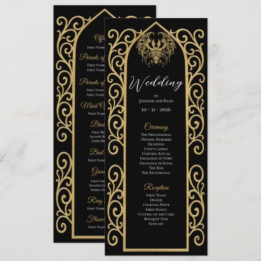 Ornate Border black and gol Gothic Wedding Program Menükarte (Vorne/Hinten)