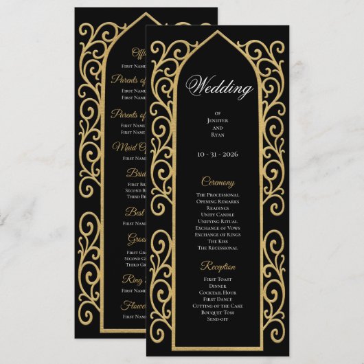 Ornate Border black and gol Gothic Wedding Program Menükarte (Vorne/Hinten)